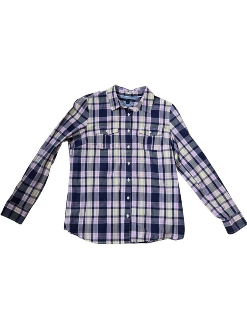 Tommy Hilfiger Womens Large Button Front Shirt Navy Blue Purple Yellow Plaid